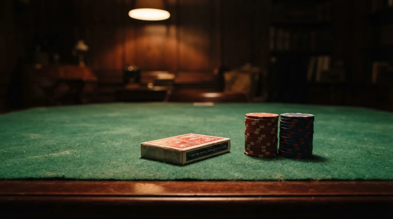 Kortlek och staplar av spelmarker på ett grönt filtbord i en dunkel salong, varmt lampsken — 10 euro casino i sverige