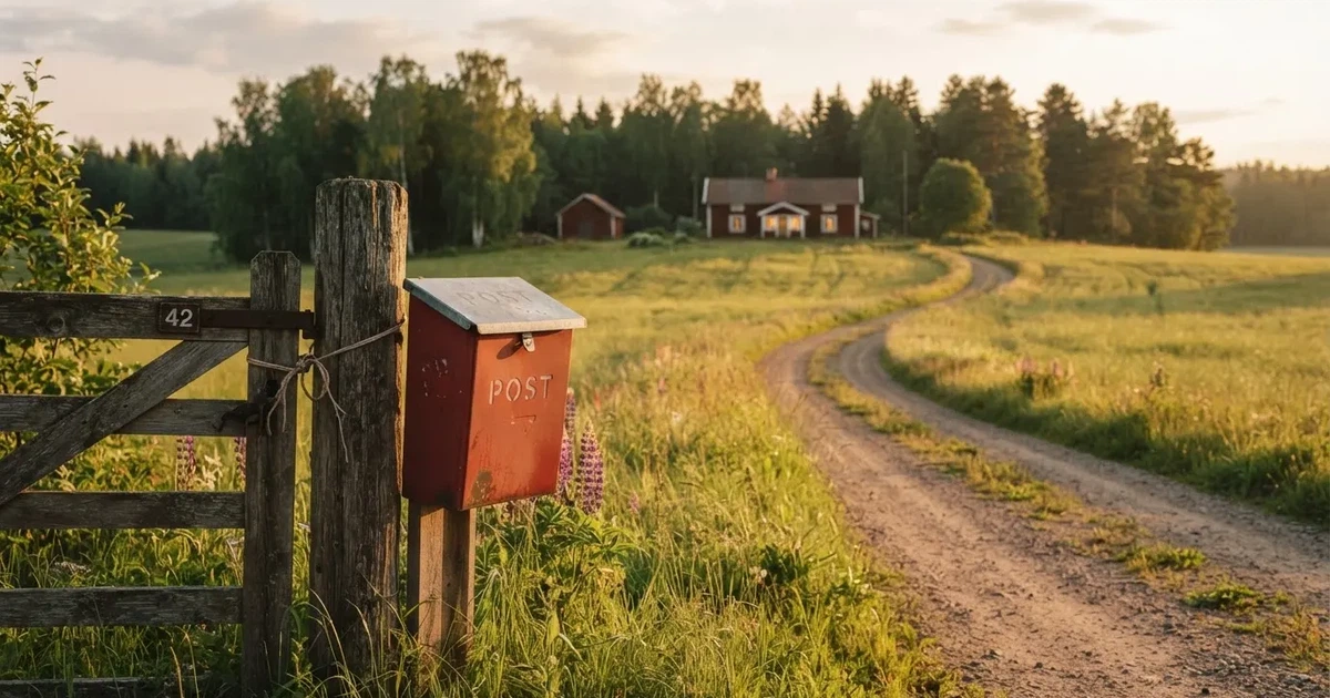 En röd brevlåda vid grinden till en lantgård en sommarkväll, daggigt gräs och långa skuggor — 10 euro casino i sverige
