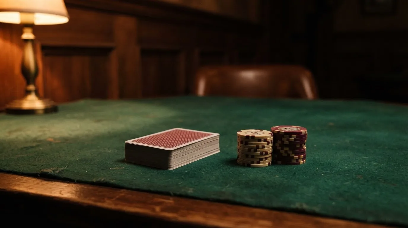 Kortlek och staplar av spelmarker på ett grönt filtbord i en dunkel salong, varmt lampsken — 10 free spins casino i sverige