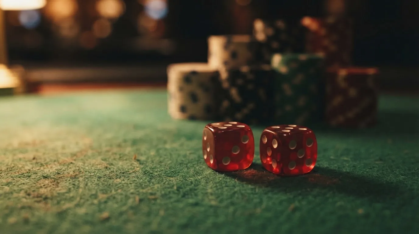 Röda tärningar vilar på grönt filt, bakom dem suddiga torn av spelmarker i kvällsdunklet — 10 kr casino i sverige