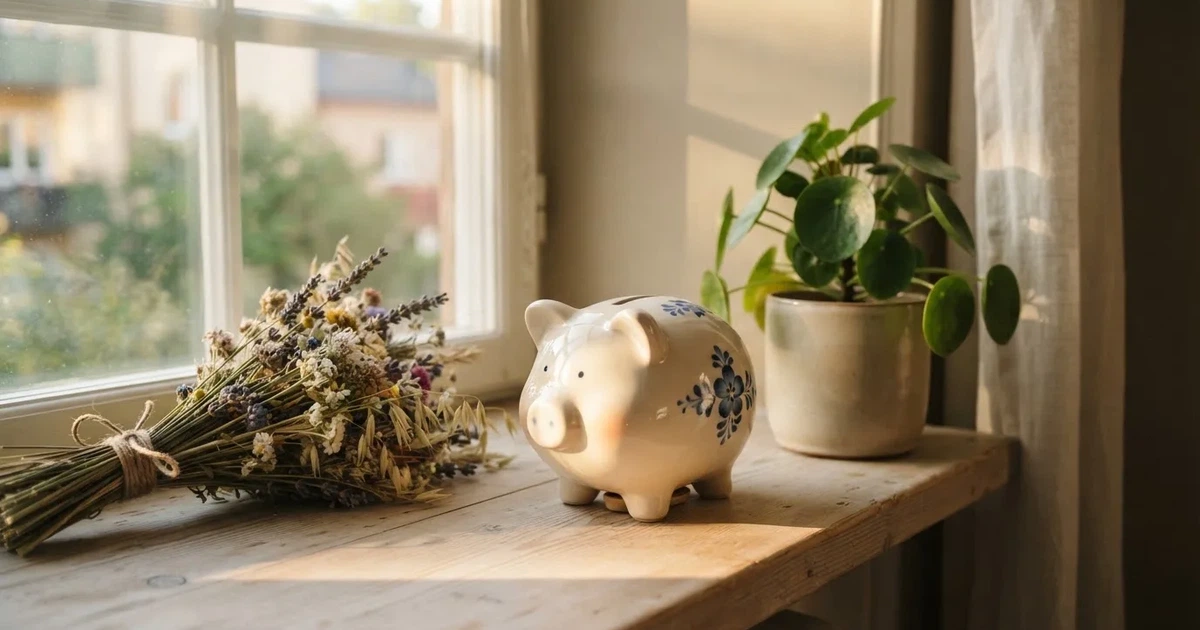 En porslinsgris på fönsterbrädan i morgonljus, bredvid en torkad blombukett och en grön växt — 10 kr casino i sverige