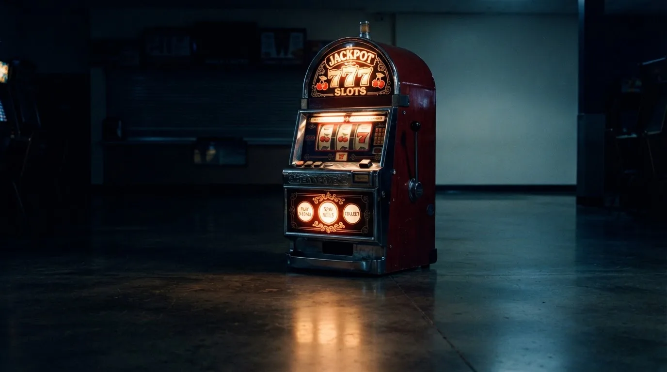 En gammal spelautomat lyser i den dunkla hallen och speglar sig i golvet — 100 free spins casino i sverige