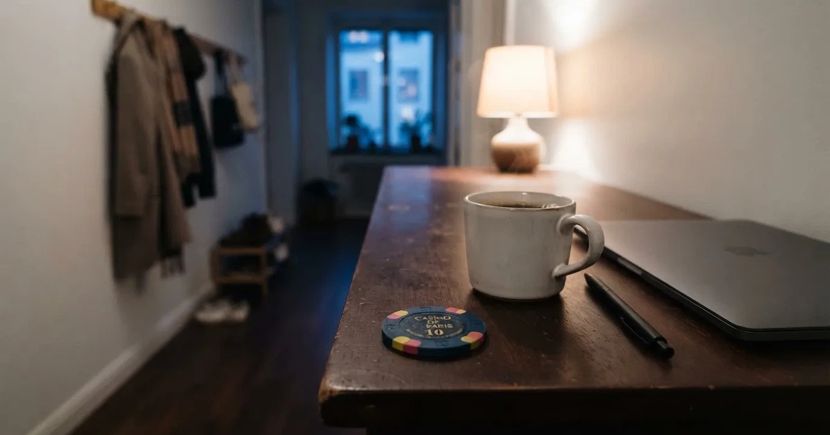 Kaffekopp och penna på ett smalt hallbord i skymning, en stängd bärbar dator vid sidan — 100 kr casino i sverige