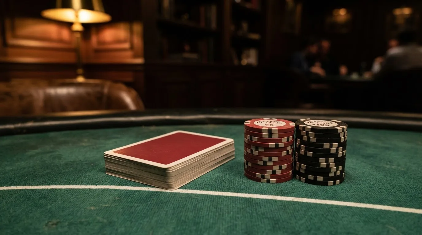 Kortlek och staplar av spelmarker på ett grönt filtbord i en dunkel salong, varmt lampsken — 150 free spins casino i sverige