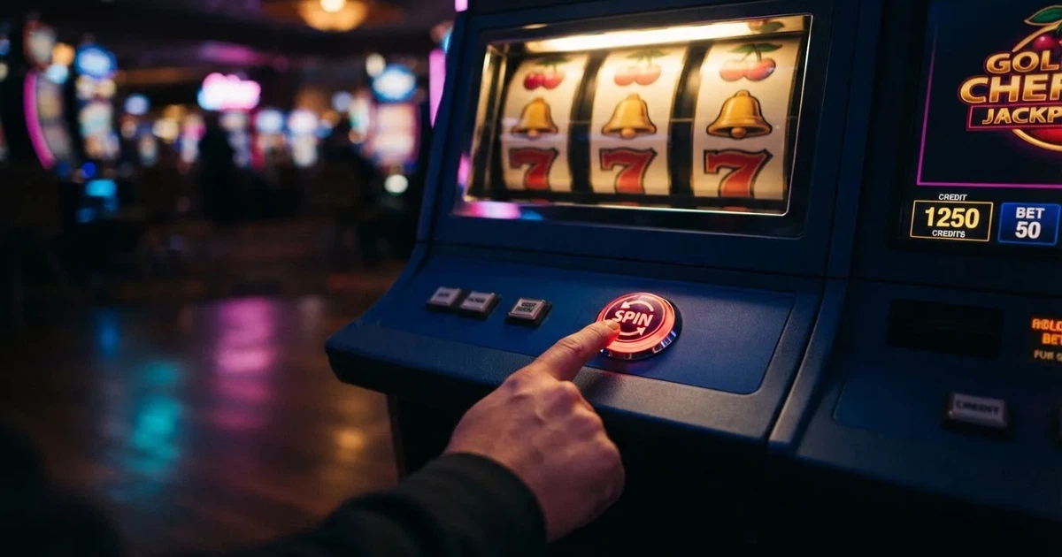 Ett finger trycker på spelautomatens klarröda knapp i dunklet, neonljus lyser runt omkring — 150 free spins casino i sverige