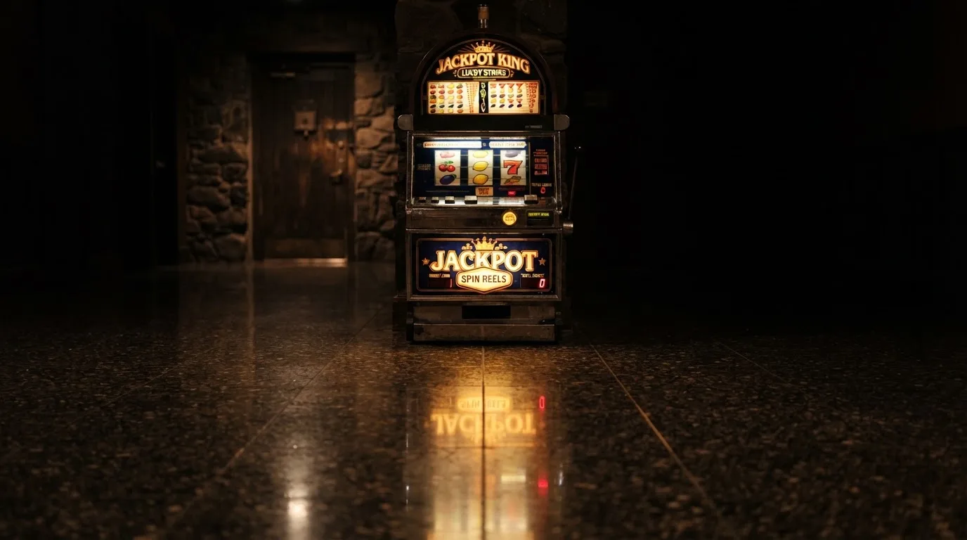 En gammal spelautomat lyser i den dunkla hallen och speglar sig i golvet — 150 kr casino i sverige