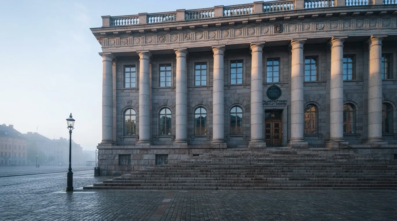 Stenfasad på en statlig byggnad i Stockholm vid gryning, höga pelare och ett tomt torg framför — 150 kr casino i sverige