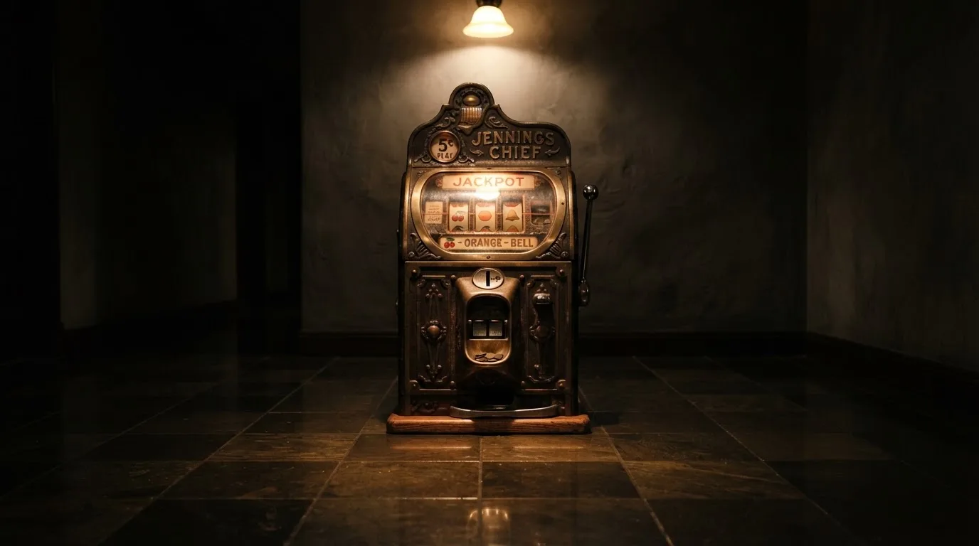 En gammal spelautomat lyser i den dunkla hallen och speglar sig i golvet — 20 euro casino i sverige