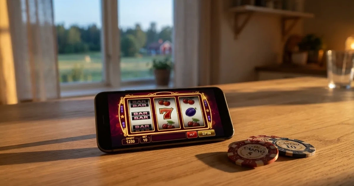 En röd brevlåda vid grinden till en lantgård en sommarkväll, daggigt gräs och långa skuggor — 20 euro casino i sverige
