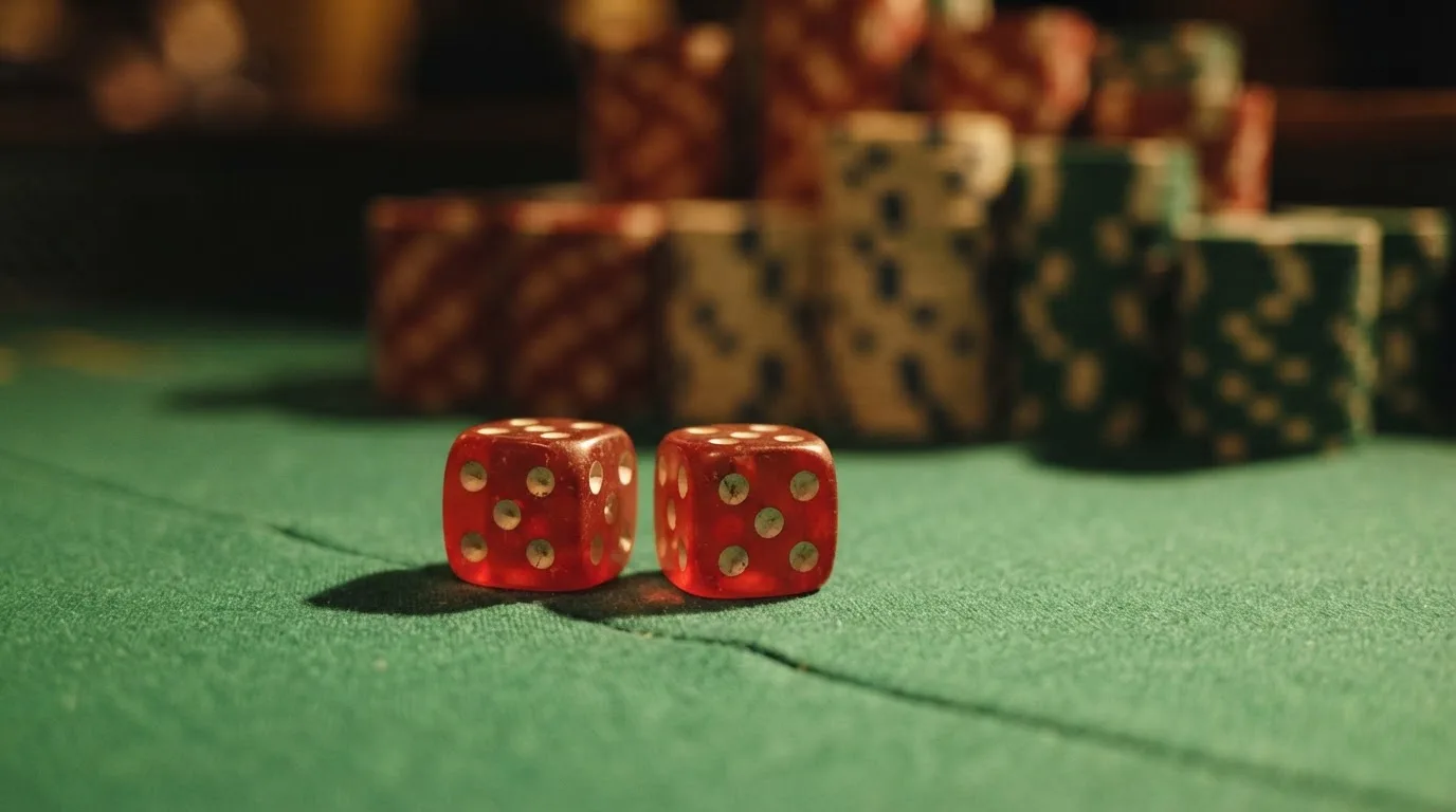 Röda tärningar vilar på grönt filt, bakom dem suddiga torn av spelmarker i kvällsdunklet — 20 free spins casino i sverige