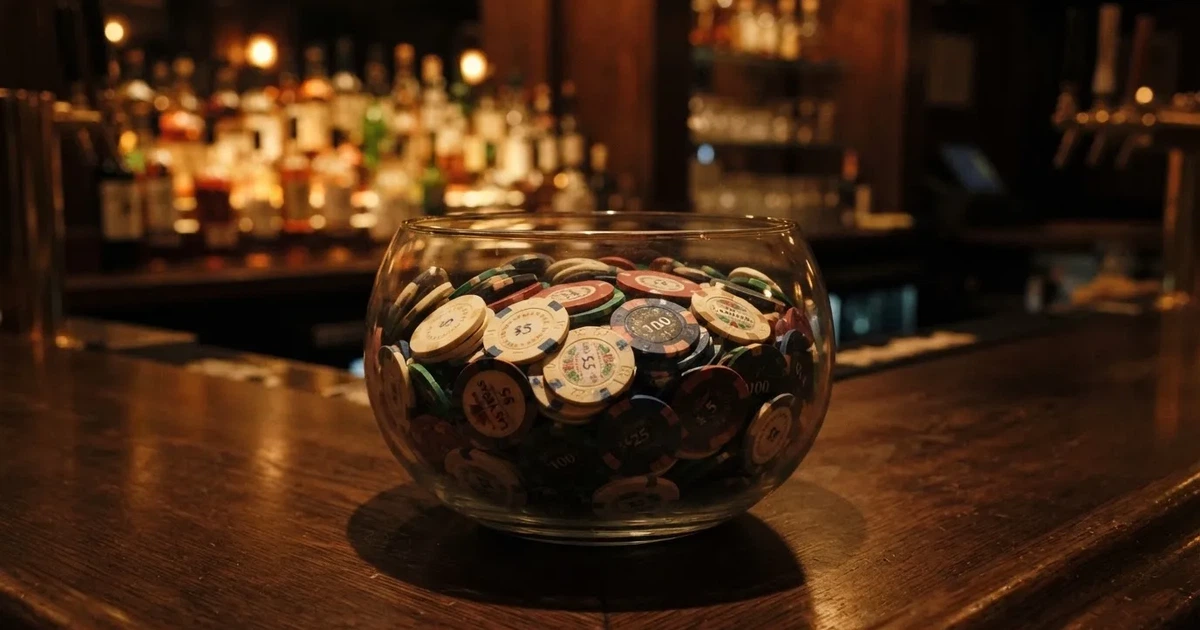 En glasskål full av färgglada spelmarker på en bardisk, flaskor glöder bakom i bärnstensfärg — 20 free spins casino i sverige