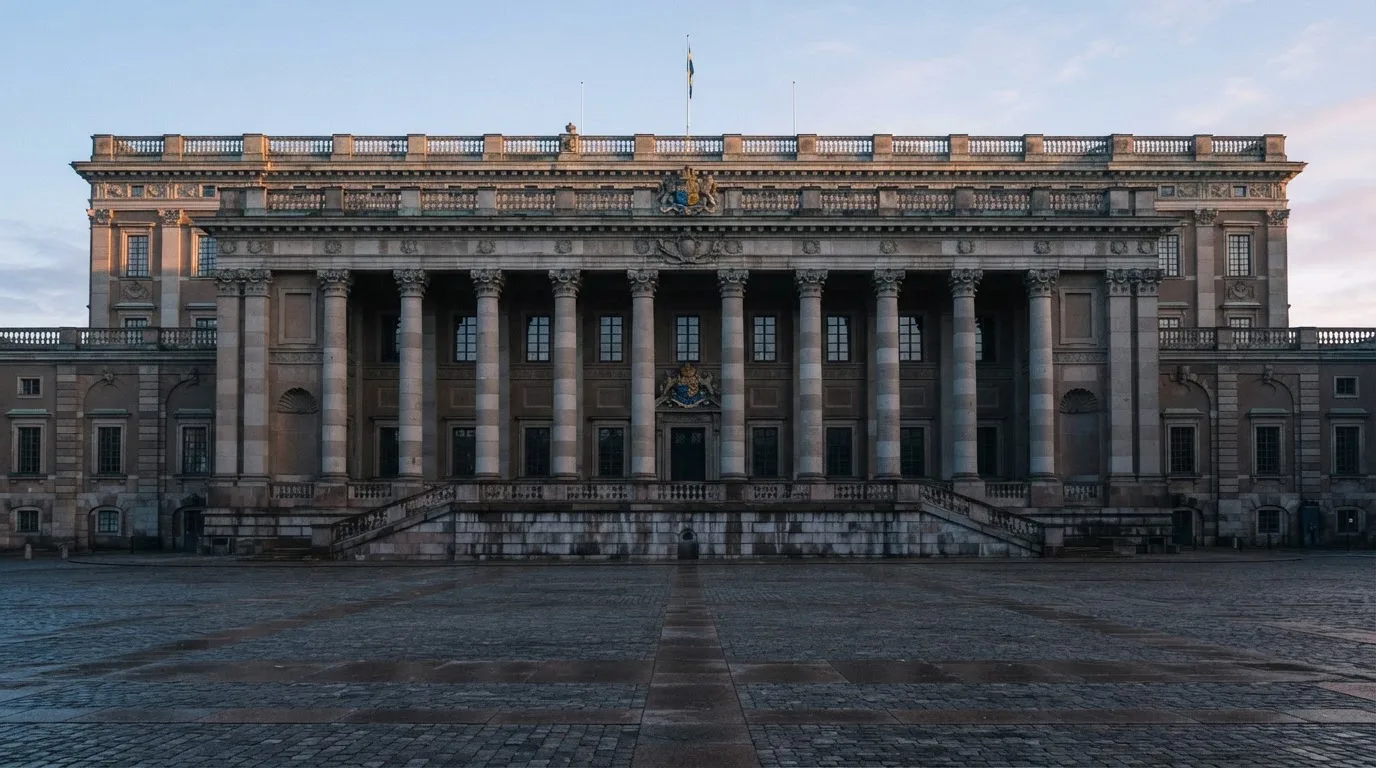 Stenfasad på en statlig byggnad i Stockholm vid gryning, höga pelare och ett tomt torg framför — 20 free spins casino i sverige