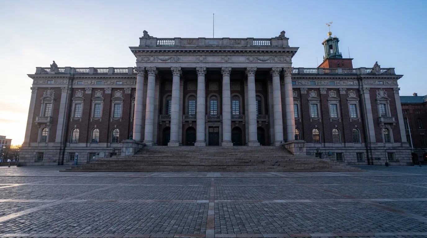 Stenfasad på en statlig byggnad i Stockholm vid gryning, höga pelare och ett tomt torg framför — 200 free spins casino i sverige