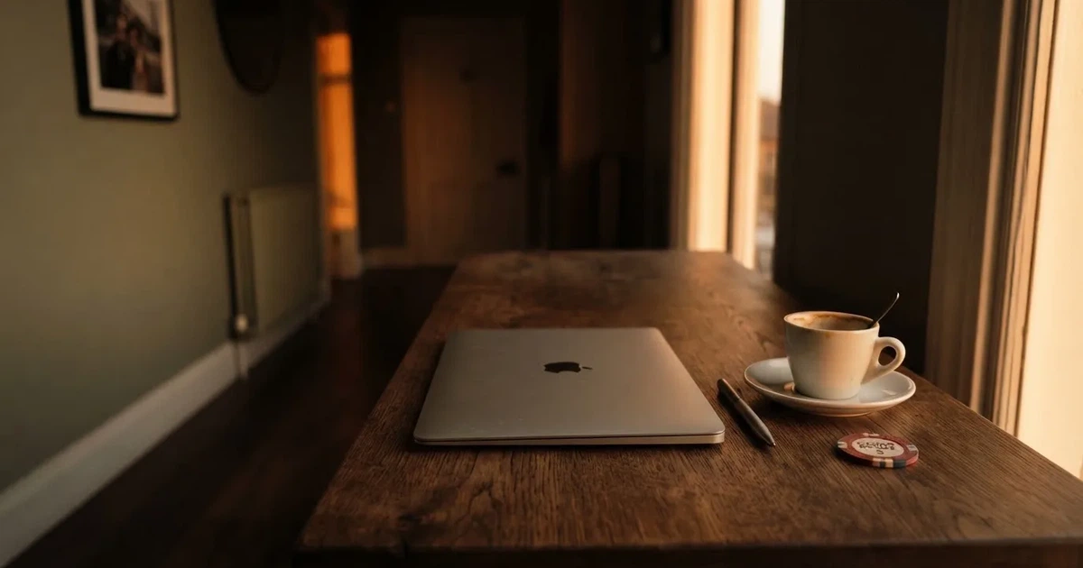 Kaffekopp och penna på ett smalt hallbord i skymning, en stängd bärbar dator vid sidan — 200 kr casino i sverige