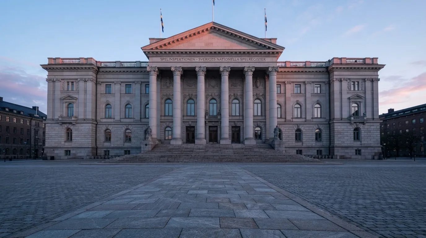Stenfasad på en statlig byggnad i Stockholm vid gryning, höga pelare och ett tomt torg framför — 200 kr casino i sverige