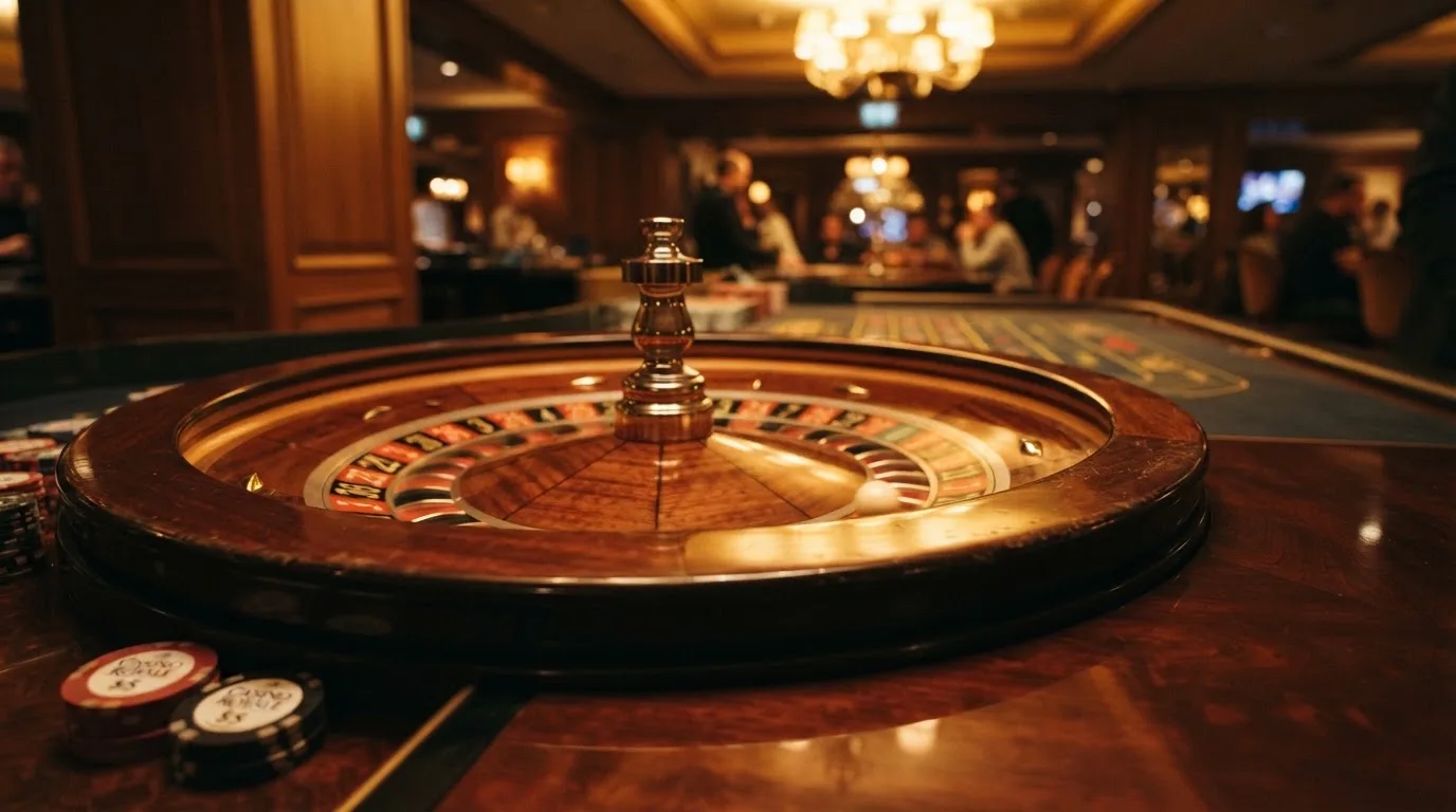 Ett roulettehjul snurrar på ett blankt träbord, den vita kulan glimmar i takljusets guld — 30 free spins casino i sverige