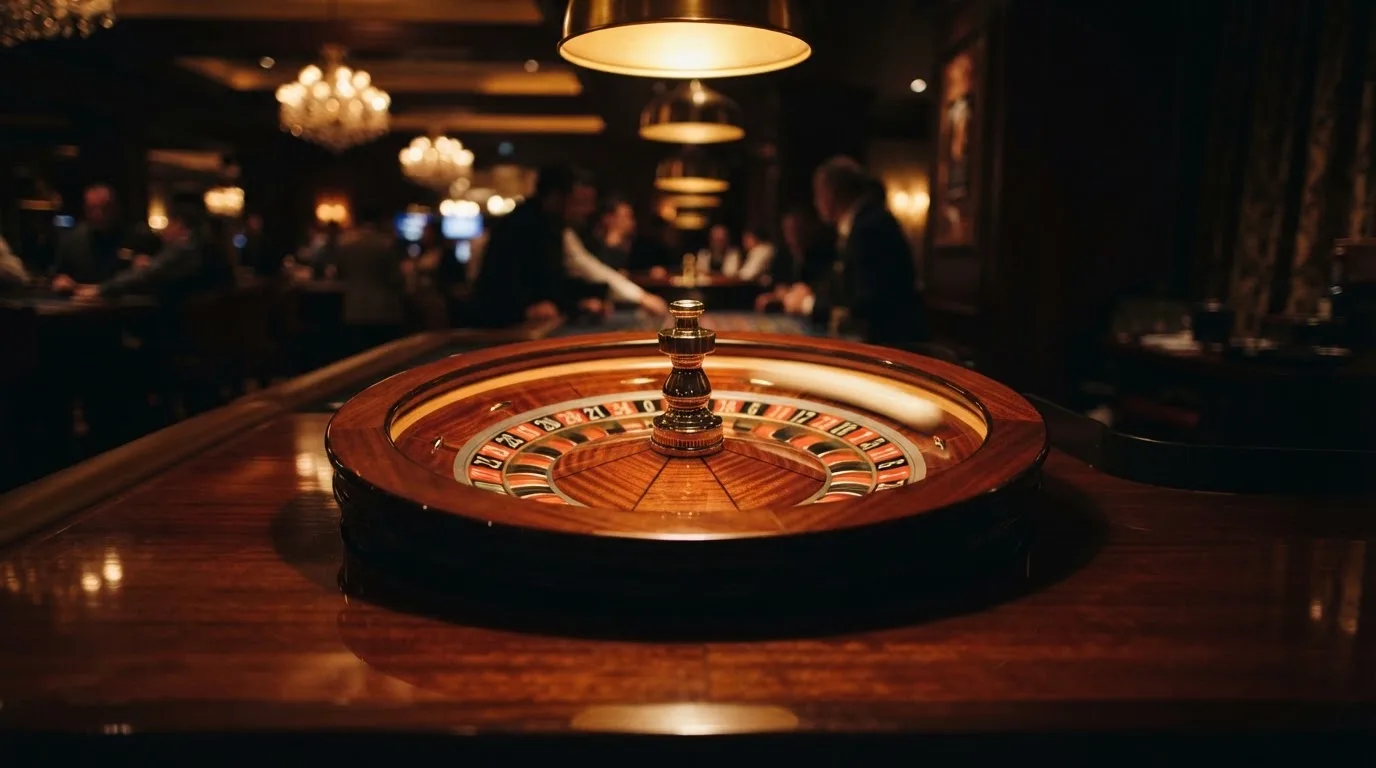 Ett roulettehjul snurrar på ett blankt träbord, den vita kulan glimmar i takljusets guld — 40 free spins casino i sverige