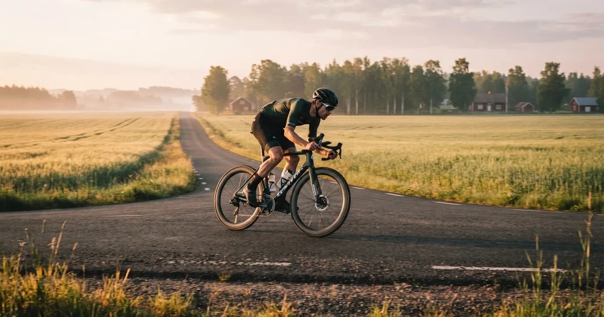 En cyklist susar längs en landsväg vid soluppgång, farten gör åkrarna suddiga i bakgrunden — 5 euro casino i sverige