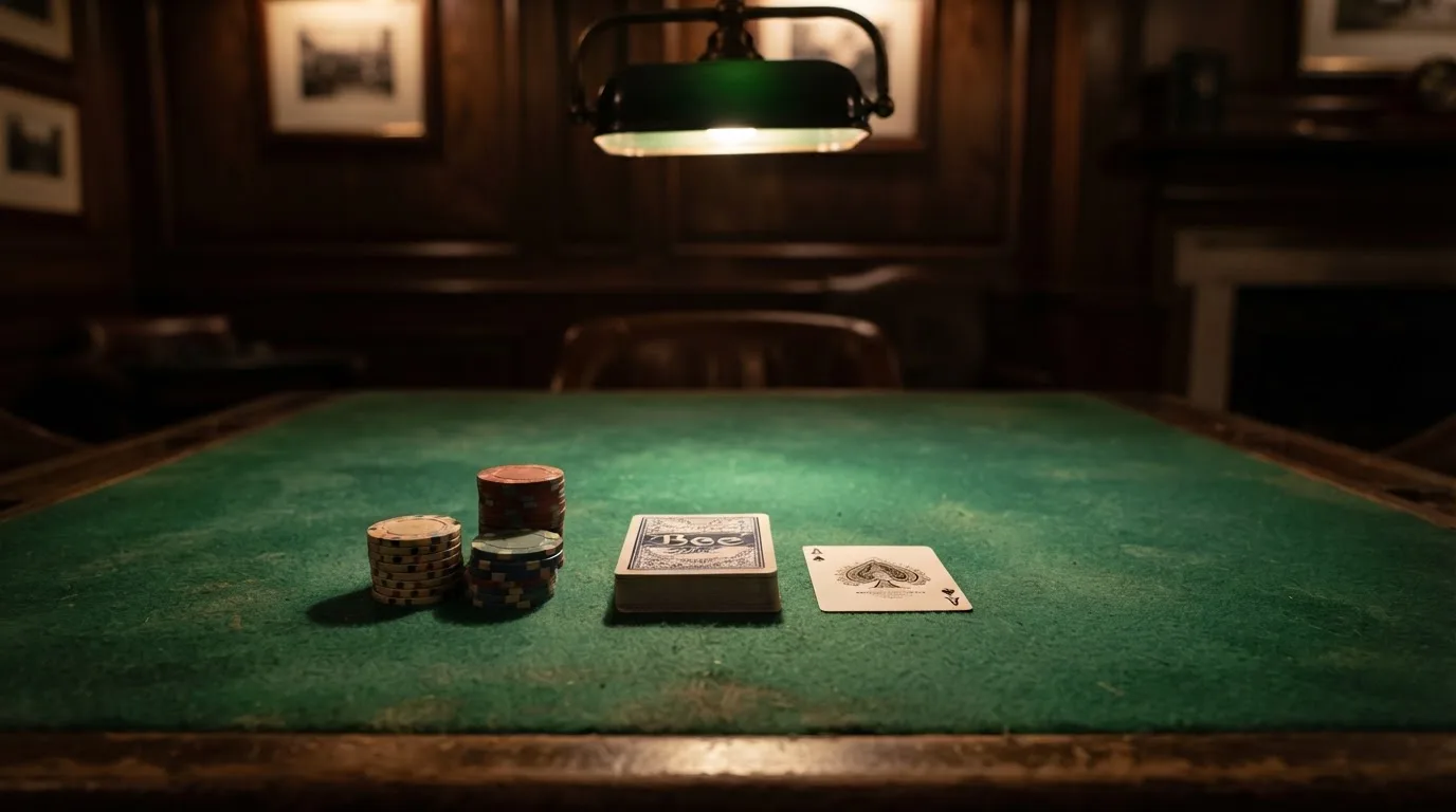 Kortlek och staplar av spelmarker på ett grönt filtbord i en dunkel salong, varmt lampsken — 50 euro casino i sverige