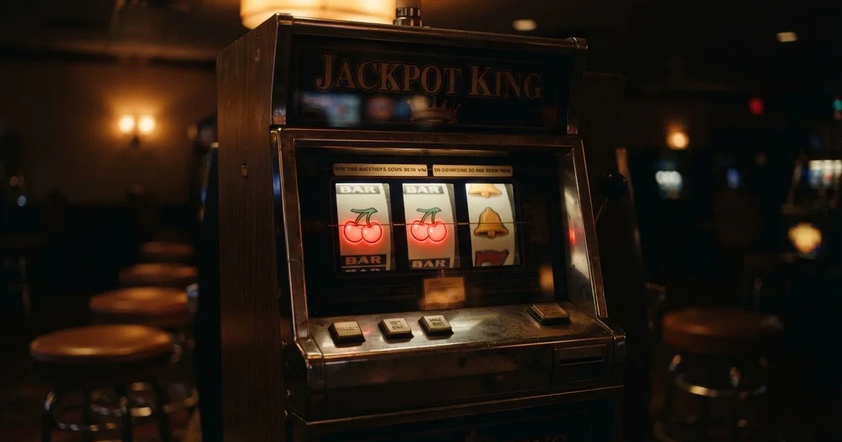 Rullarna på en spelautomat stannar i rad, klarröda körsbär lyser i den mörka spelhallen — 50 free spins casino i sverige