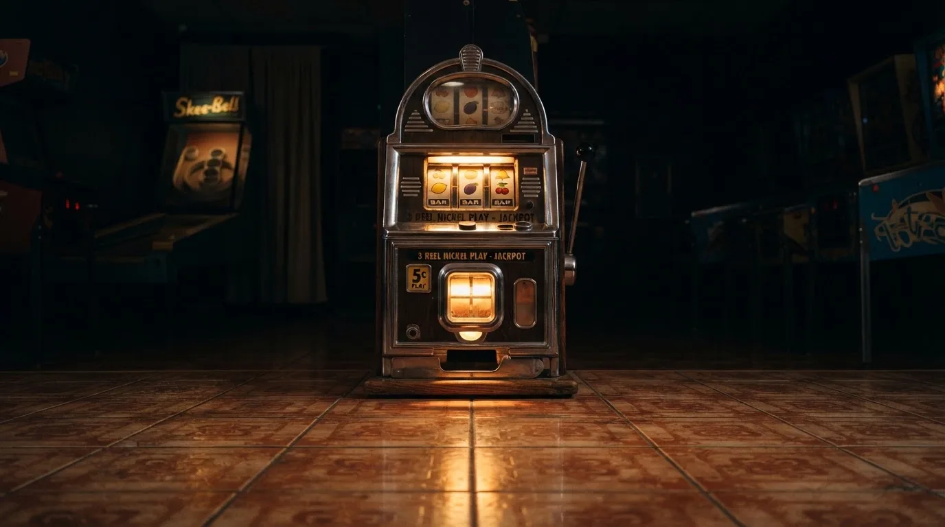 En gammal spelautomat lyser i den dunkla hallen och speglar sig i golvet — bästa kasino i sverige