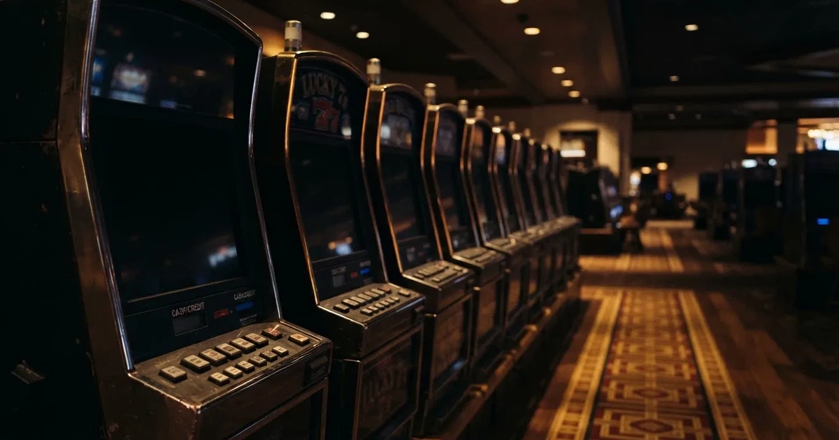 Rader av tomma spelautomater med släckta skärmar står uppställda i ett dimmat rum, fotograferat snett från sidan.