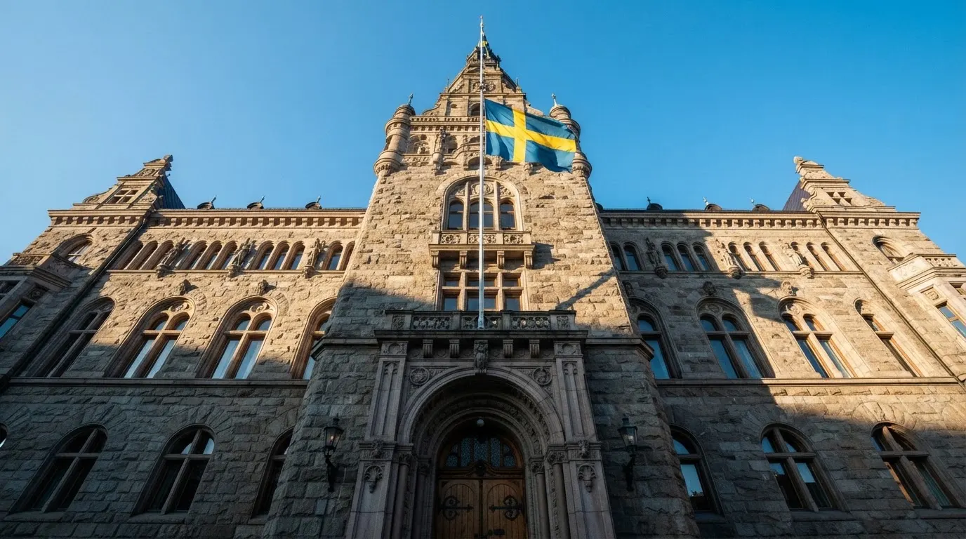 Ett gammalt stadshus i sten fotograferat underifrån mot en klarblå himmel, med den svenska flaggan som fladdrar ovanför entrén.