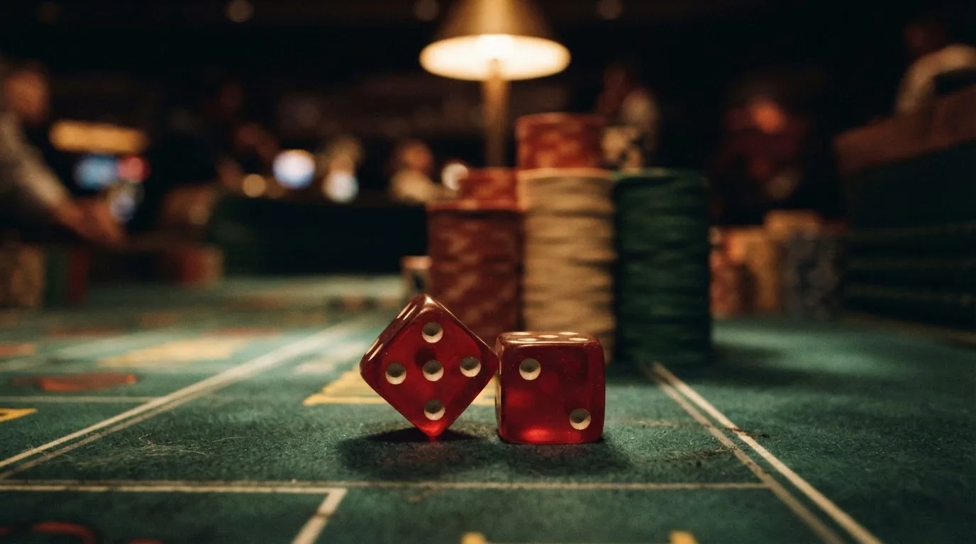 Röda tärningar vilar på grönt filt, bakom dem suddiga torn av spelmarker i kvällsdunklet — betala på casino i sverige