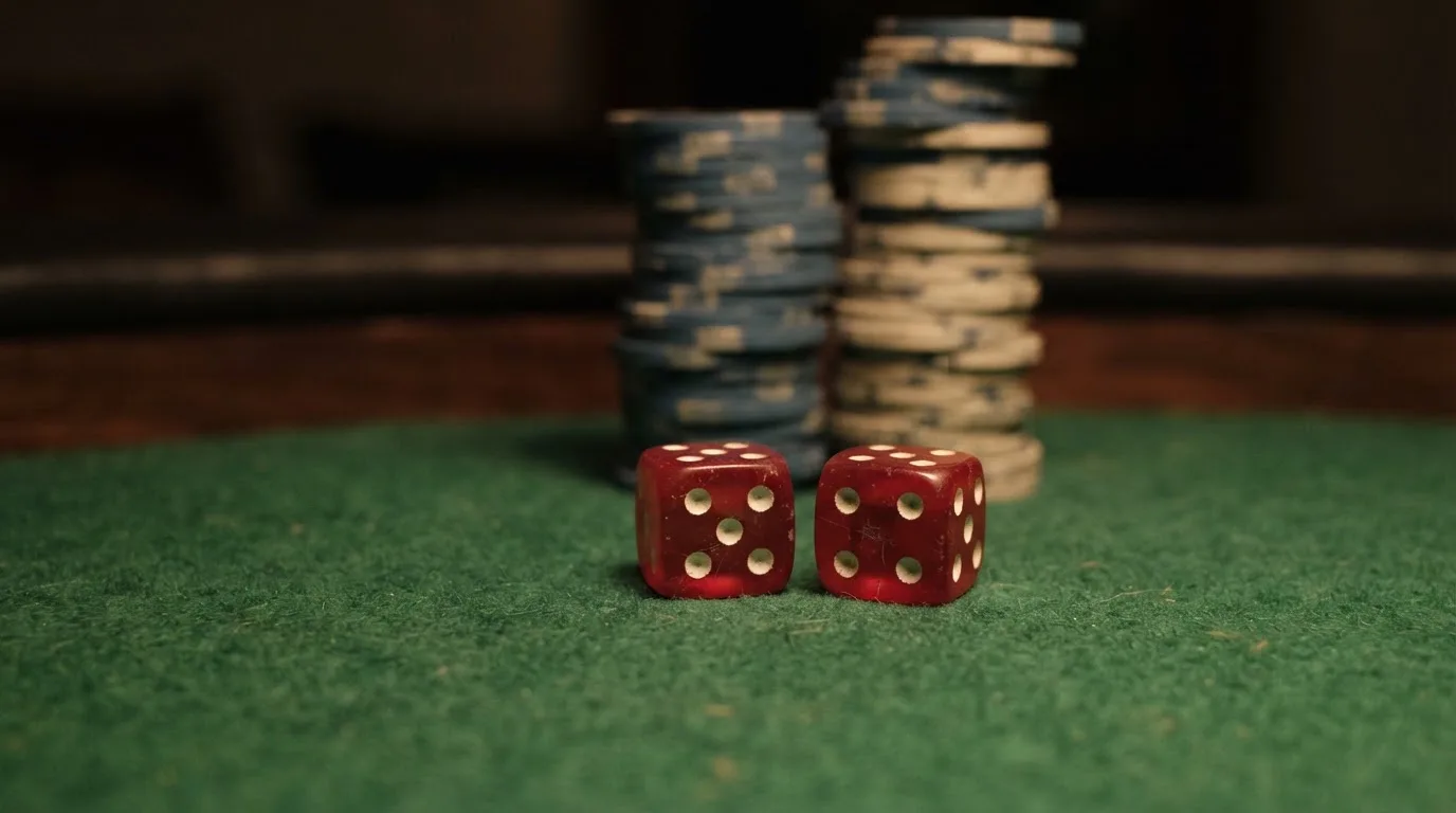 Röda tärningar vilar på grönt filt, bakom dem suddiga torn av spelmarker i kvällsdunklet — blackjack gratis i sverige