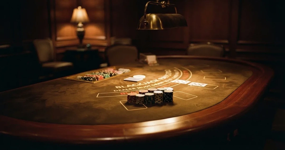 Ett ovalt pokerbord under en lågt hängande lampa, med spelmarker och en vit bricka i ljuset — blackjack med live dealer i sverige