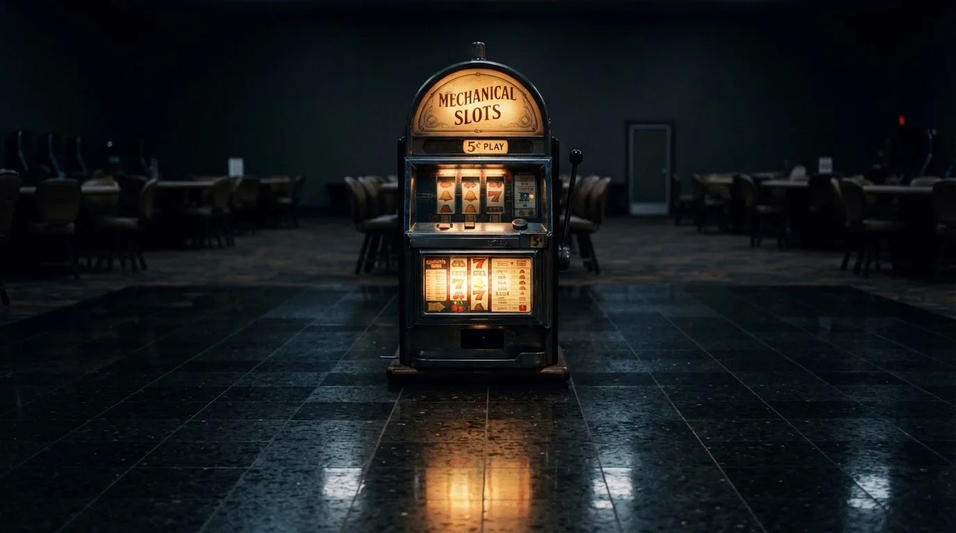 En gammal spelautomat lyser i den dunkla hallen och speglar sig i golvet — blackjack på nätet i sverige