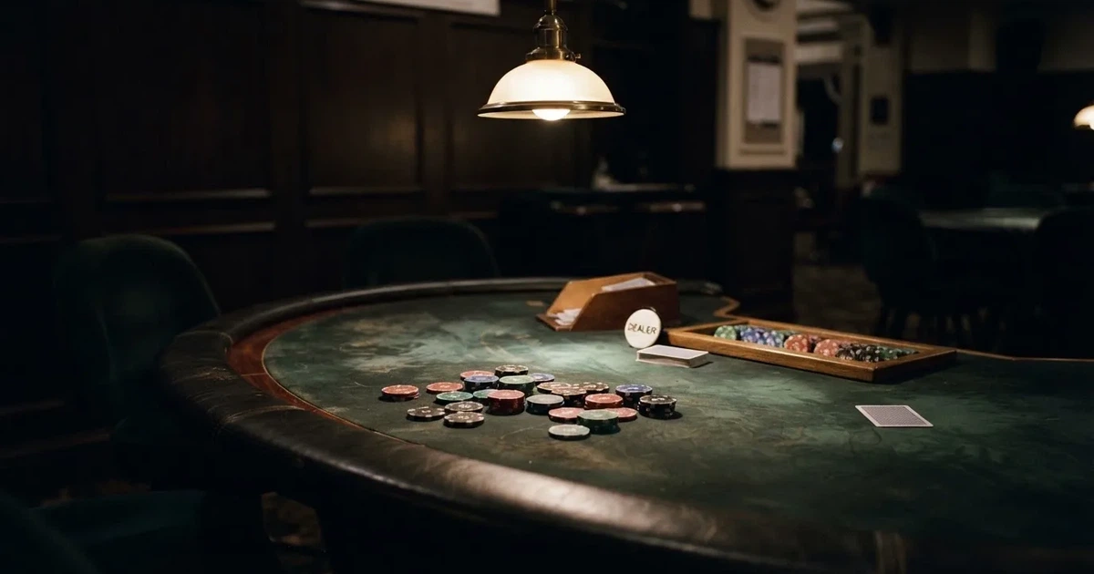 Ett ovalt pokerbord under en lågt hängande lampa, med spelmarker och en vit bricka i ljuset — blackjack på nätet i sverige