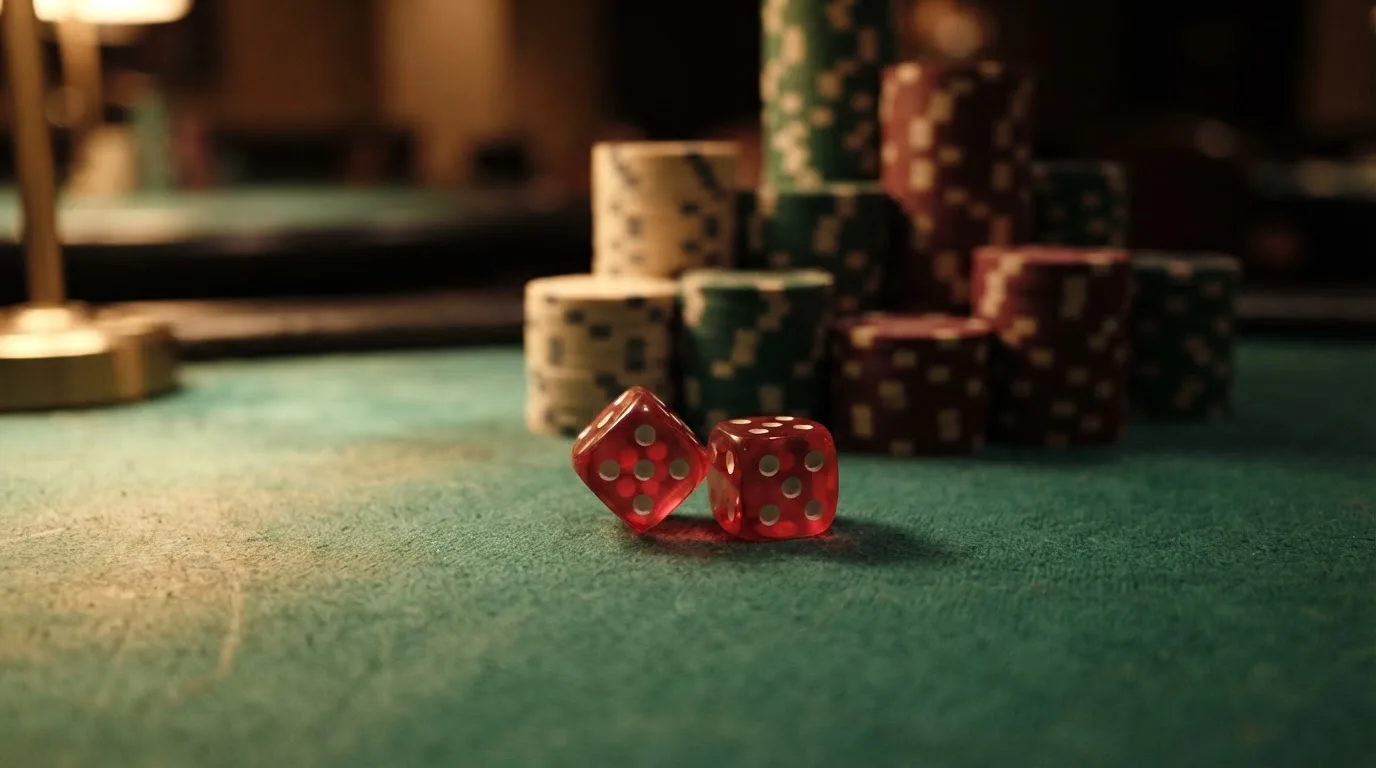 Röda tärningar vilar på grönt filt, bakom dem suddiga torn av spelmarker i kvällsdunklet — bra svenska casinon