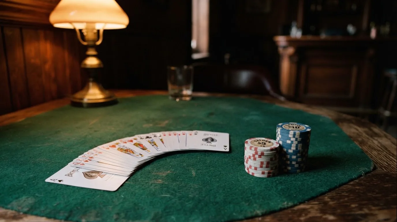 Kortlek och staplar av spelmarker på ett grönt filtbord i en dunkel salong, varmt lampsken — cashback på casino i sverige