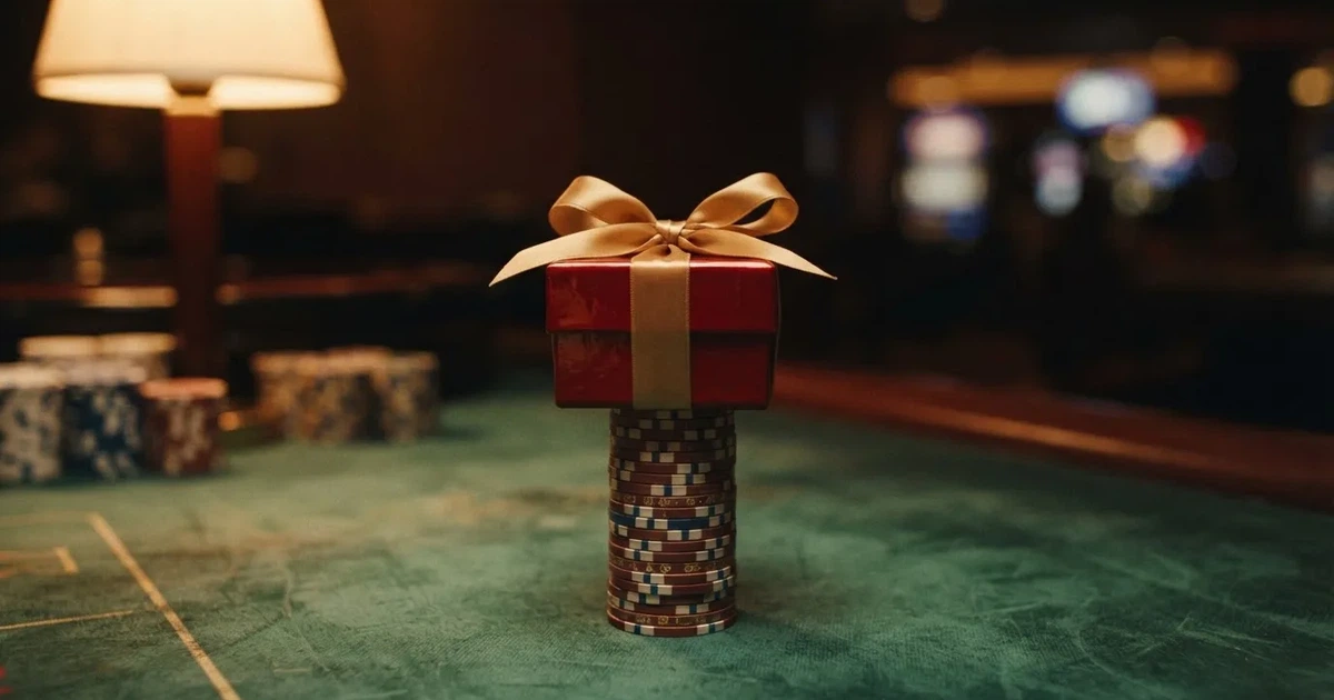 En röd presentask med guldband ovanpå en hög spelmarker på grönt filt, ljuslågan speglas i bandet — cashback på casino i sverige