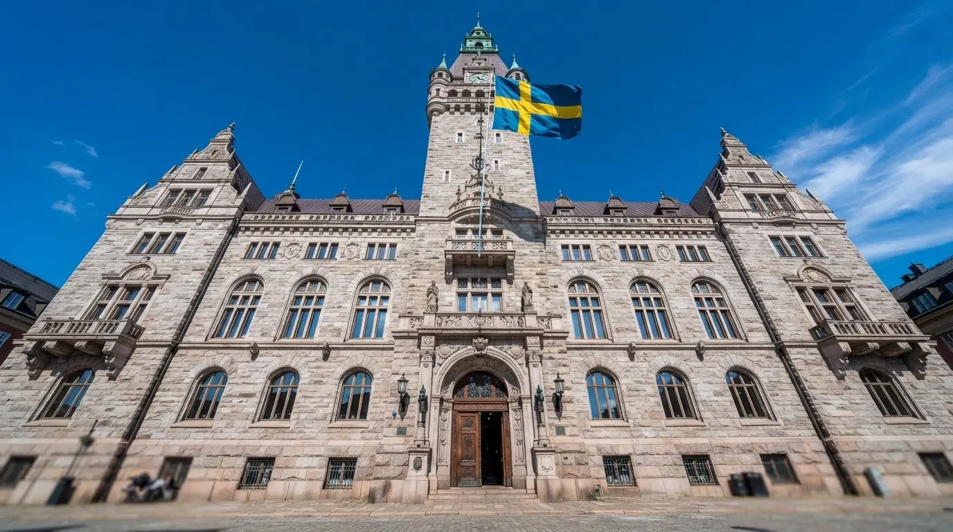 Ett gammalt stadshus i sten fotograferat underifrån mot en klarblå himmel, med den svenska flaggan som fladdrar ovanför entrén.