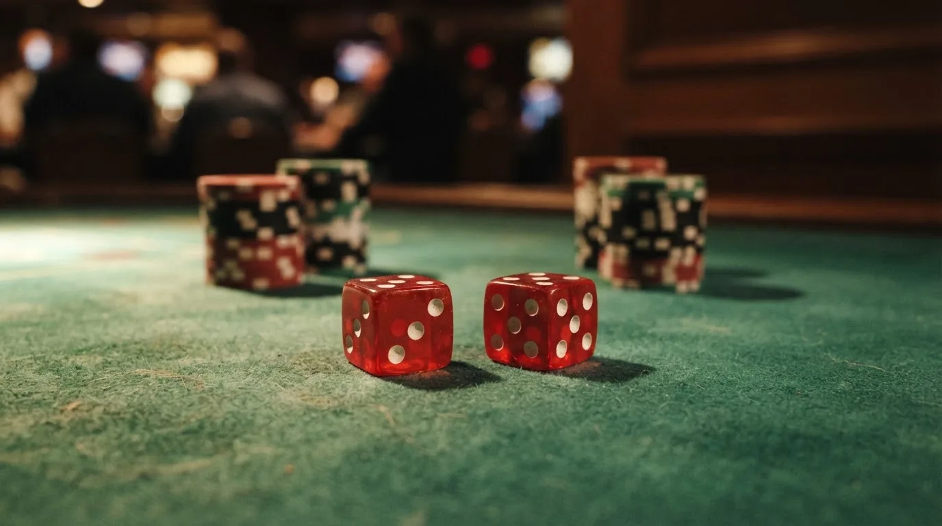 Röda tärningar vilar på grönt filt, bakom dem suddiga torn av spelmarker i kvällsdunklet — casino erbjudanden i sverige