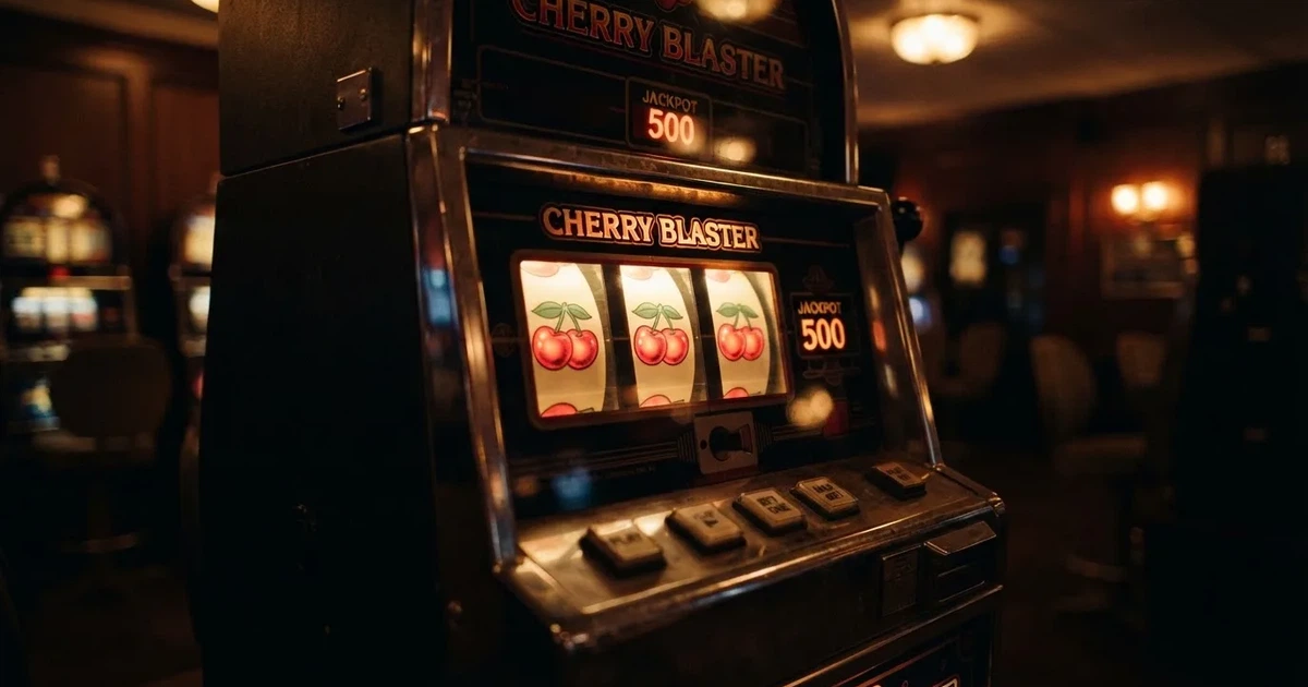 Rullarna på en spelautomat stannar i rad, klarröda körsbär lyser i den mörka spelhallen — casino erbjudanden i sverige