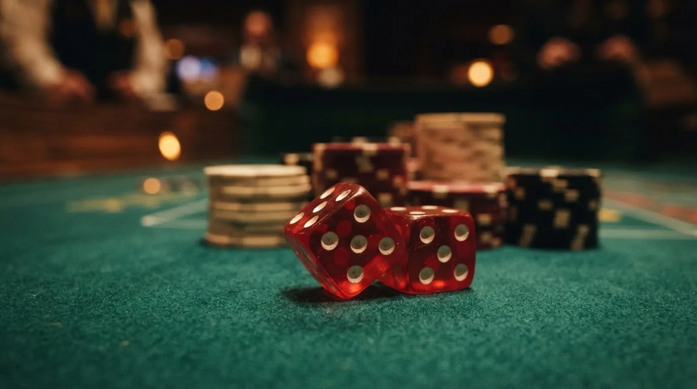 Röda tärningar vilar på grönt filt, bakom dem suddiga torn av spelmarker i kvällsdunklet — casino guider för svenskar