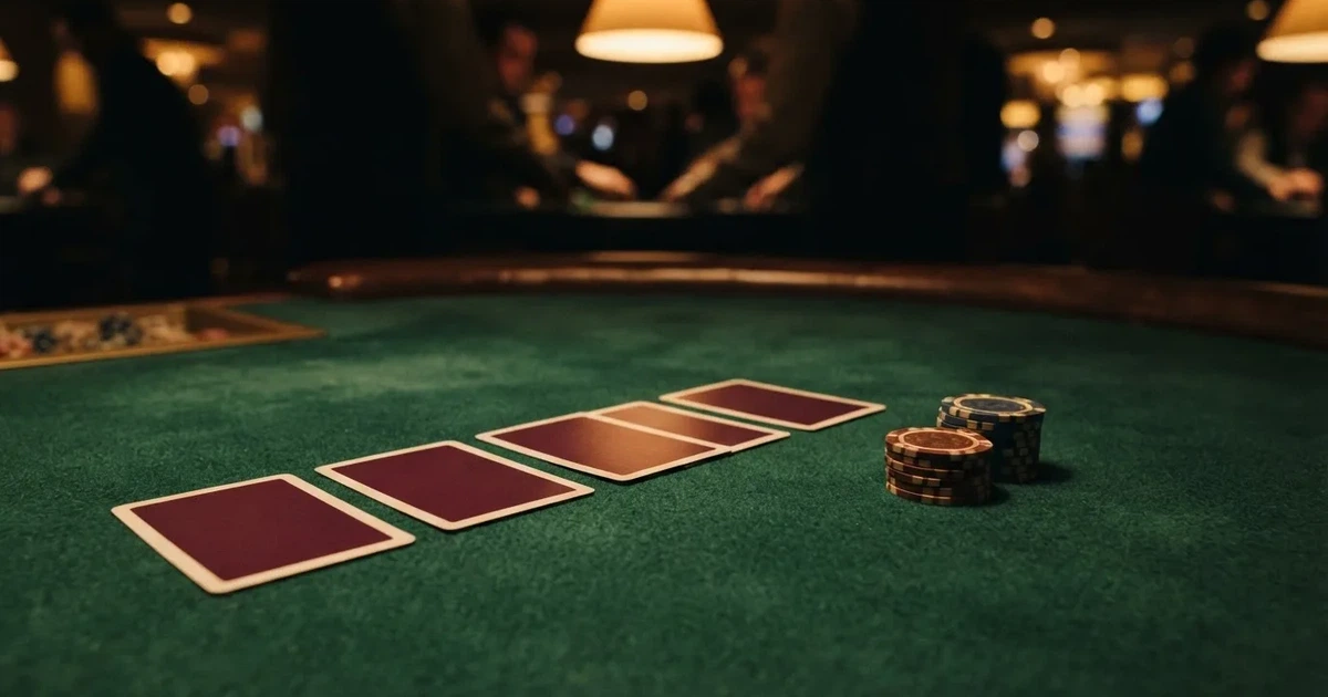 Kort delade med framsidan nedåt på grönt filt, marker väntar bredvid i varmt ljus — casino guider för svenskar
