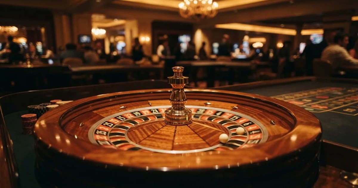 Ett roulettehjul snurrar på ett blankt träbord, den vita kulan glimmar i takljusets guld — casinon för riktiga pengar