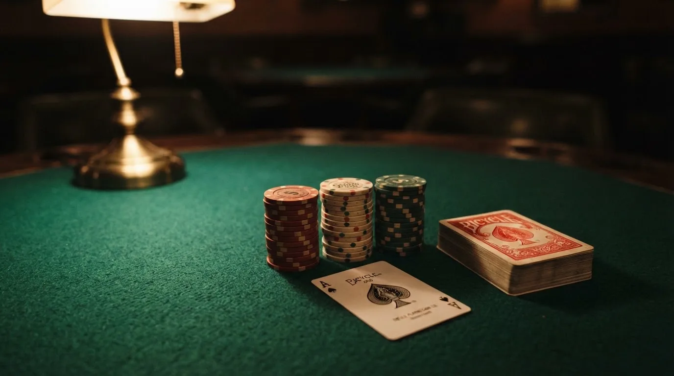 Kortlek och staplar av spelmarker på ett grönt filtbord i en dunkel salong, varmt lampsken — casinon med baccarat i sverige