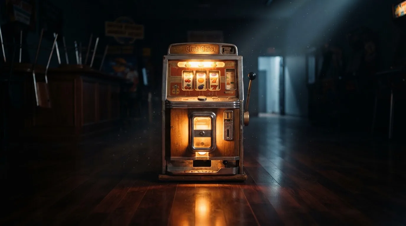 En gammal spelautomat lyser i den dunkla hallen och speglar sig i golvet — casinon med bankid i sverige