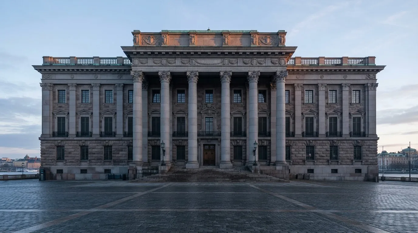 Stenfasad på en statlig byggnad i Stockholm vid gryning, höga pelare och ett tomt torg framför — casinon med bankid i sverige