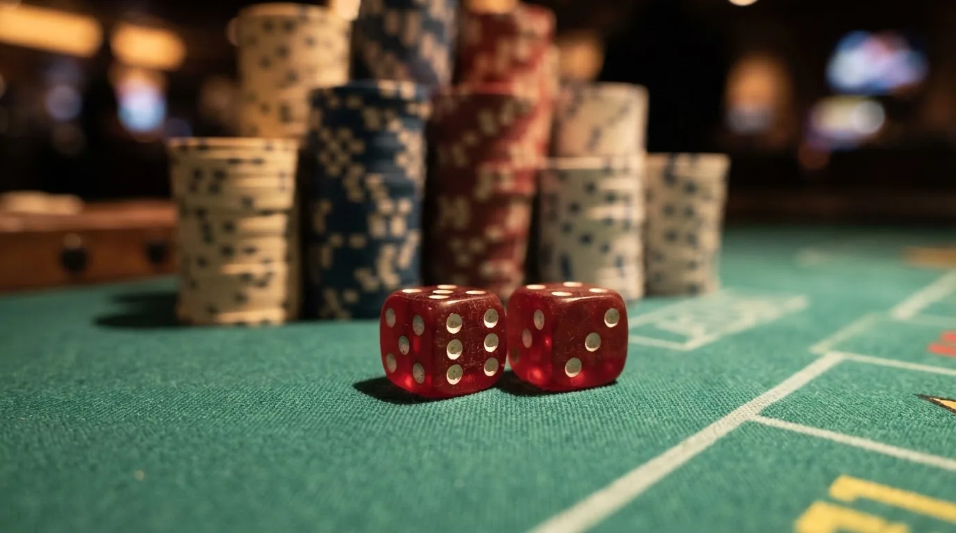 Röda tärningar vilar på grönt filt, bakom dem suddiga torn av spelmarker i kvällsdunklet — casinon med bingo i sverige
