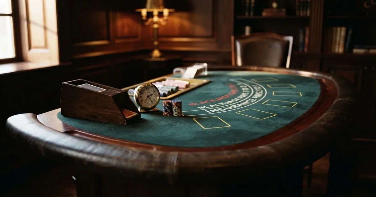 Grönt filt och en lång kortlåda av trä vid bordskanten, bredvid en blank mässingsklocka — casinon med blackjack i sverige