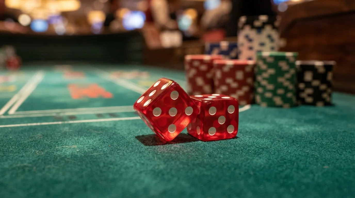 Röda tärningar vilar på grönt filt, bakom dem suddiga torn av spelmarker i kvällsdunklet — casinon med craps i sverige