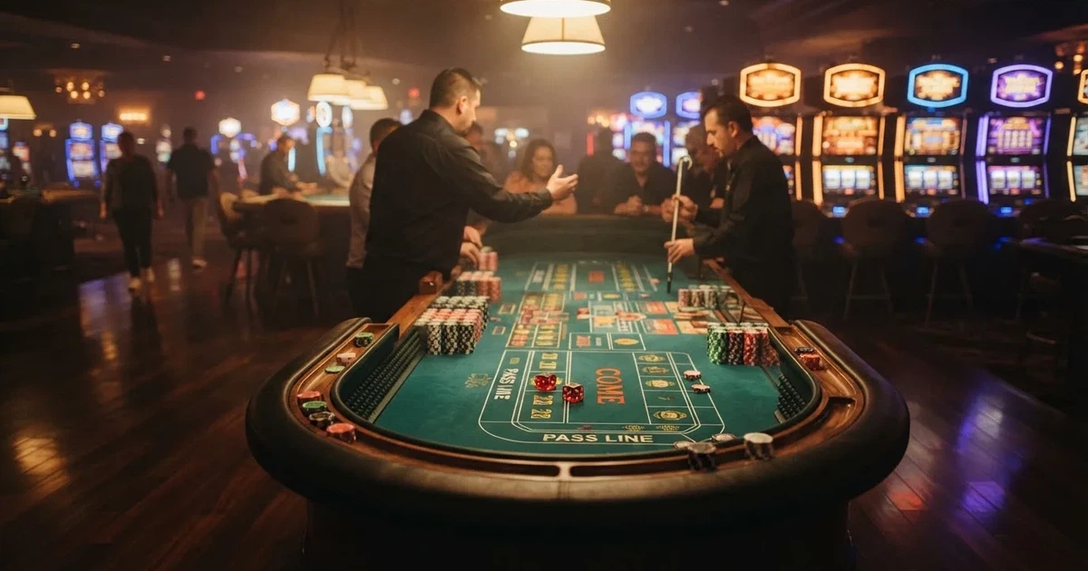 En rad spelskåp i en dunkel hall, rullarna lyser i olika färger och golvet speglar dem — casinon med craps i sverige