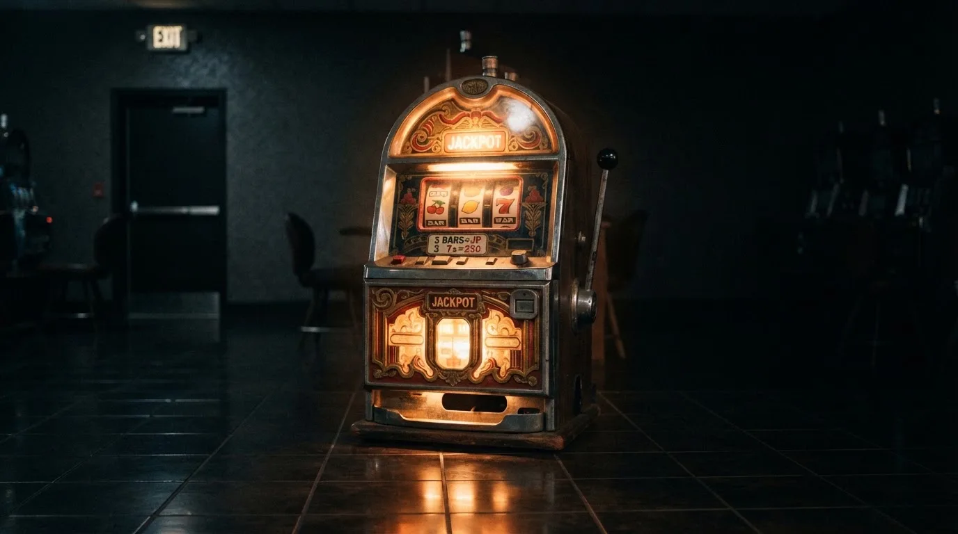 En gammal spelautomat lyser i den dunkla hallen och speglar sig i golvet — casinon med curaçao licens