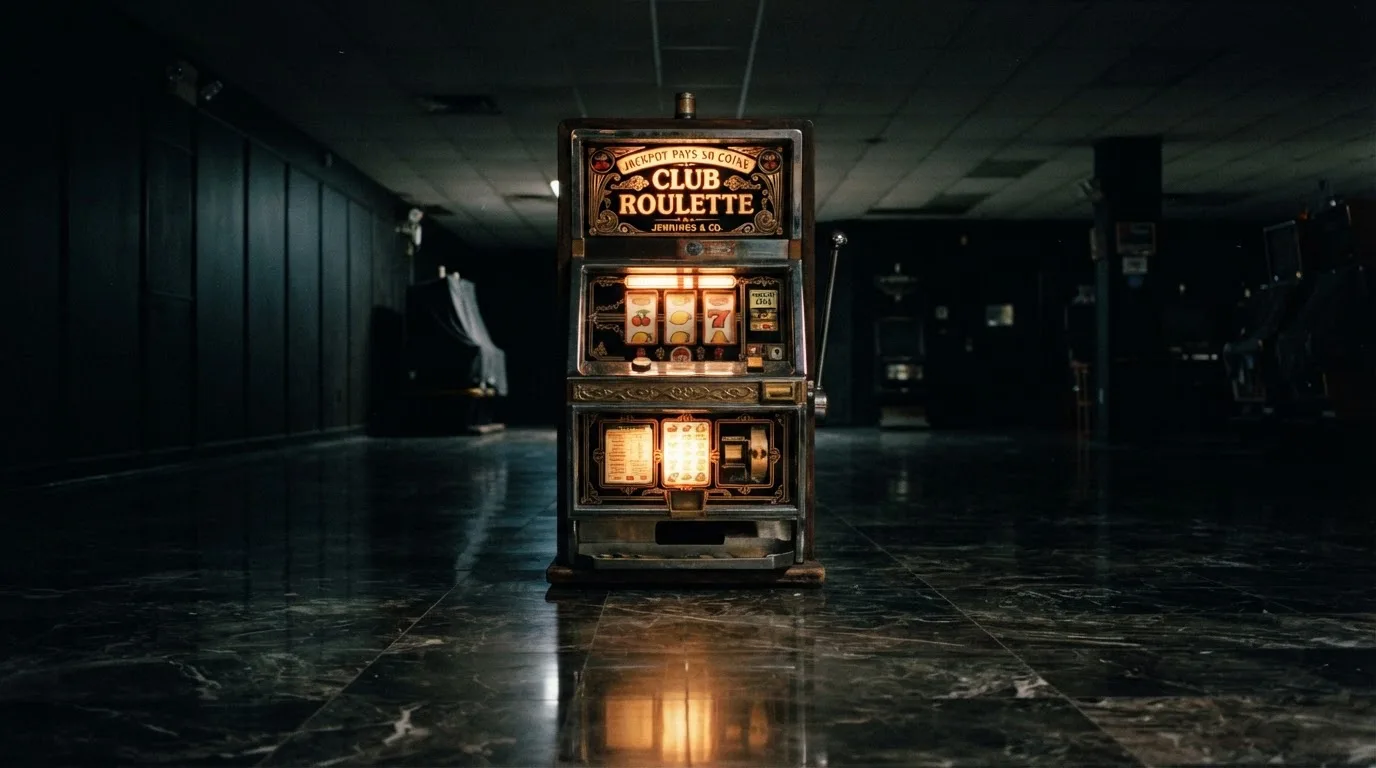 En gammal spelautomat lyser i den dunkla hallen och speglar sig i golvet — casinon med gratis spins i sverige